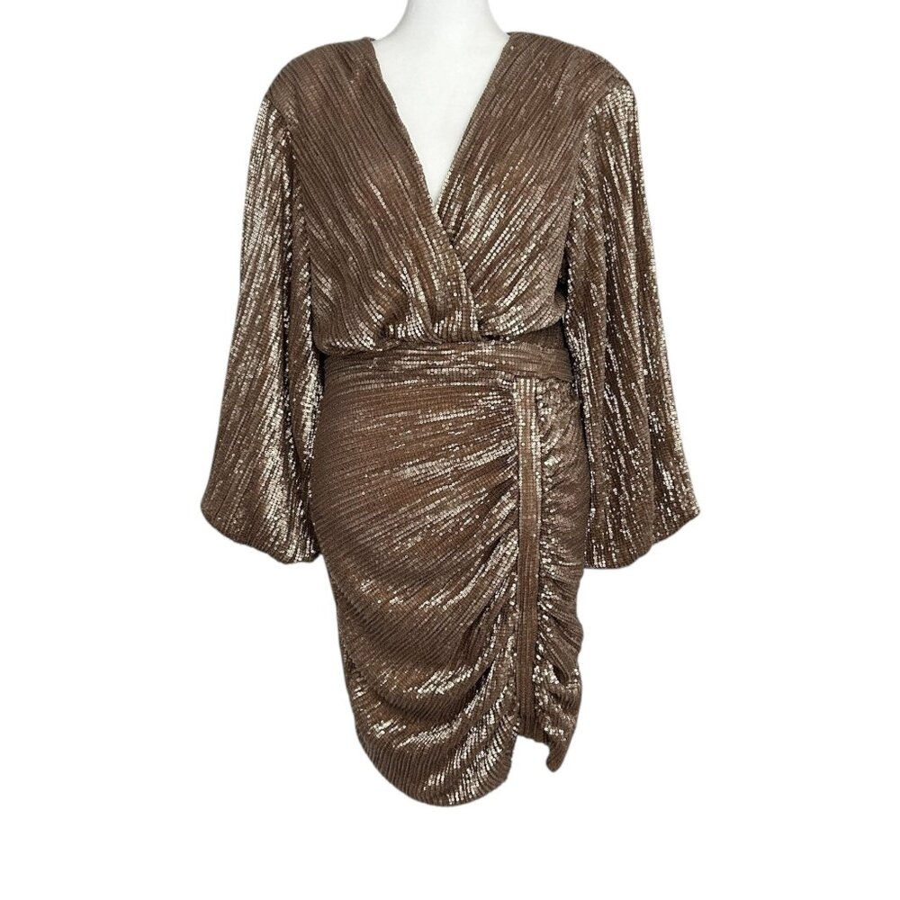 Lavish‎ Alice Gold Sequin Long Sleeve Faux Wrap Draped Ruched Mini Dress (8)